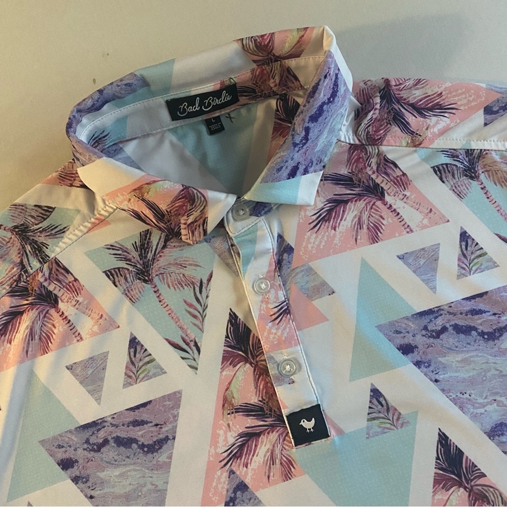 Bad Birdie Golf Polo Mens L SLIM Tropical Palm Tree Cali Surf Beach Performance
